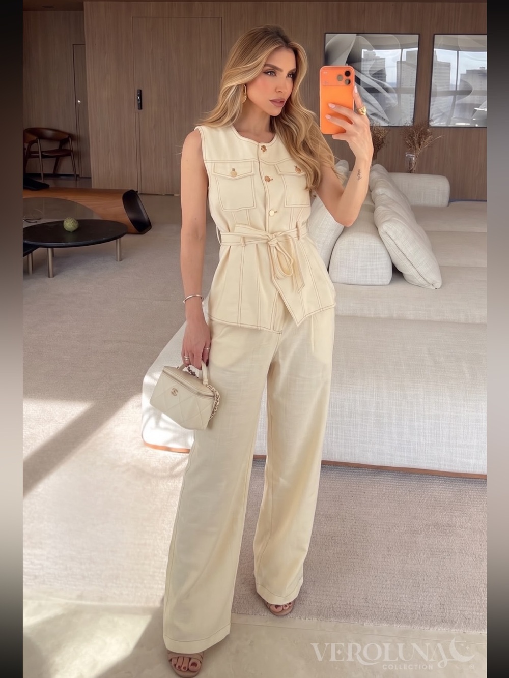 Cream Sleeveless Utility Jumpsuit set  with Tie Waist